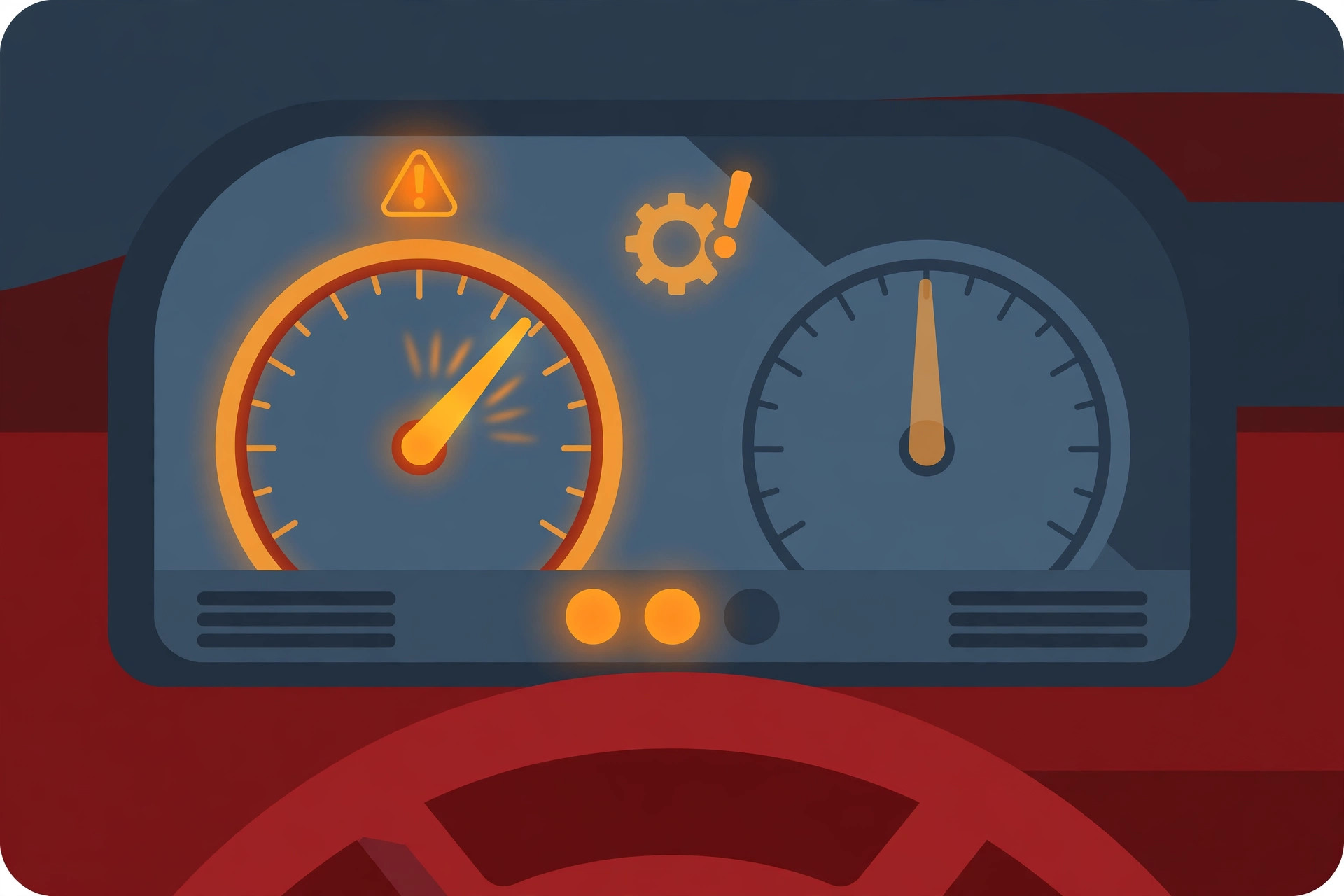 Illustration of a driver's view of a dashboard with an amber warning light lit and a tachometer needle swinging while speed holds steady