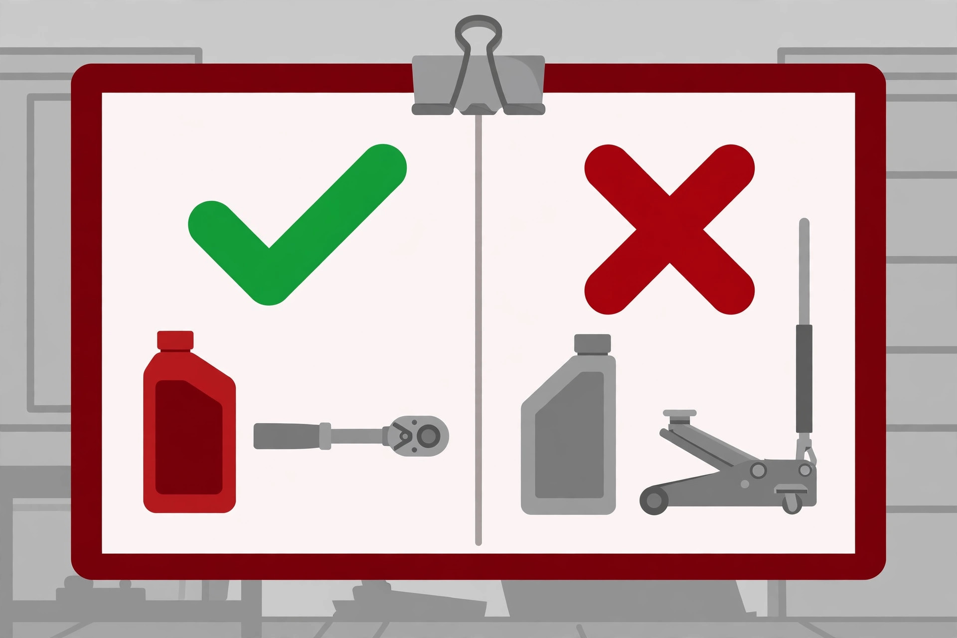 Illustration of a checklist board with a green check and a red X beside transmission fluid bottles