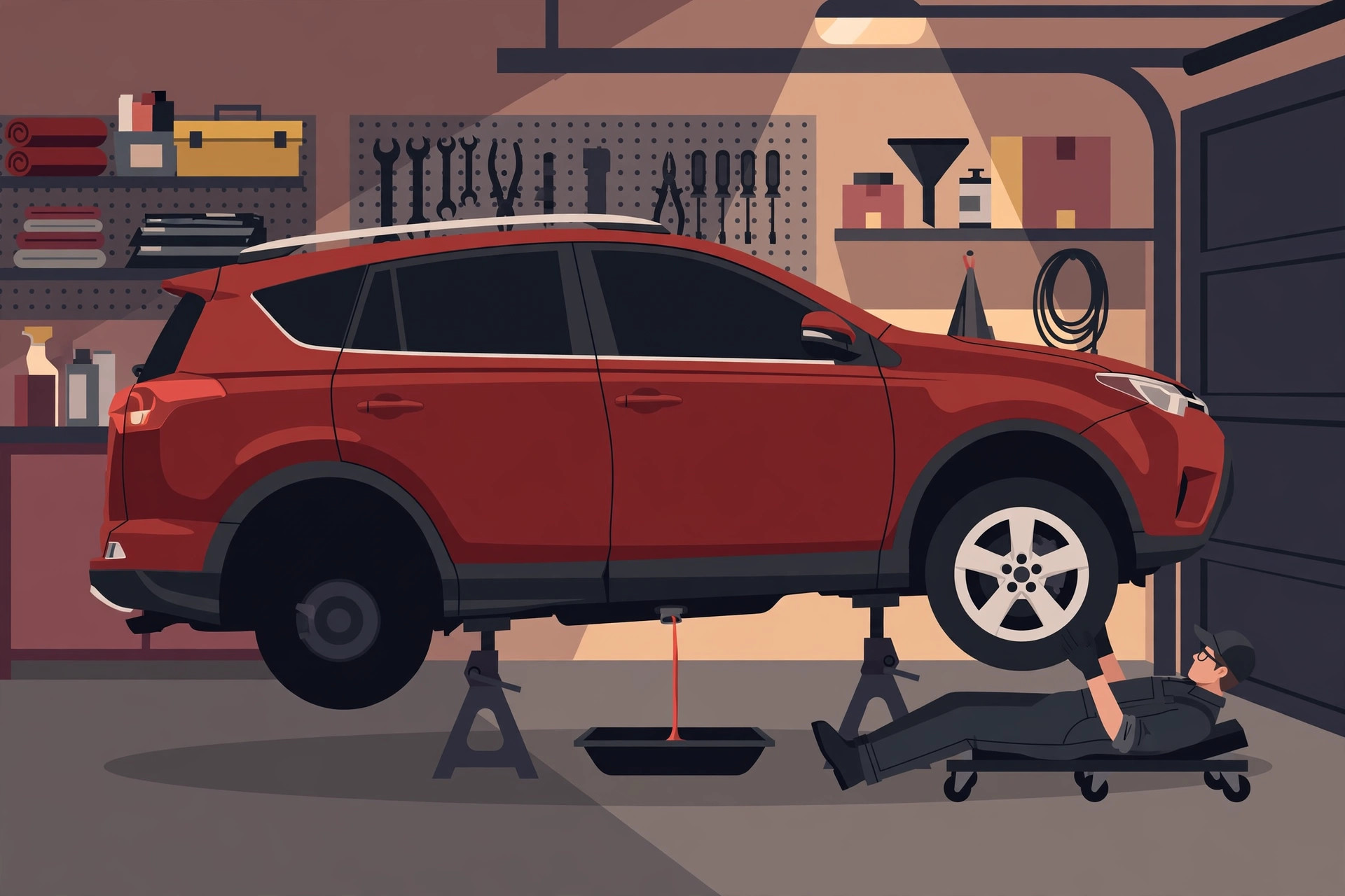 Illustration of a red RAV4 raised on jack stands in a home garage, red transmission fluid draining into a pan