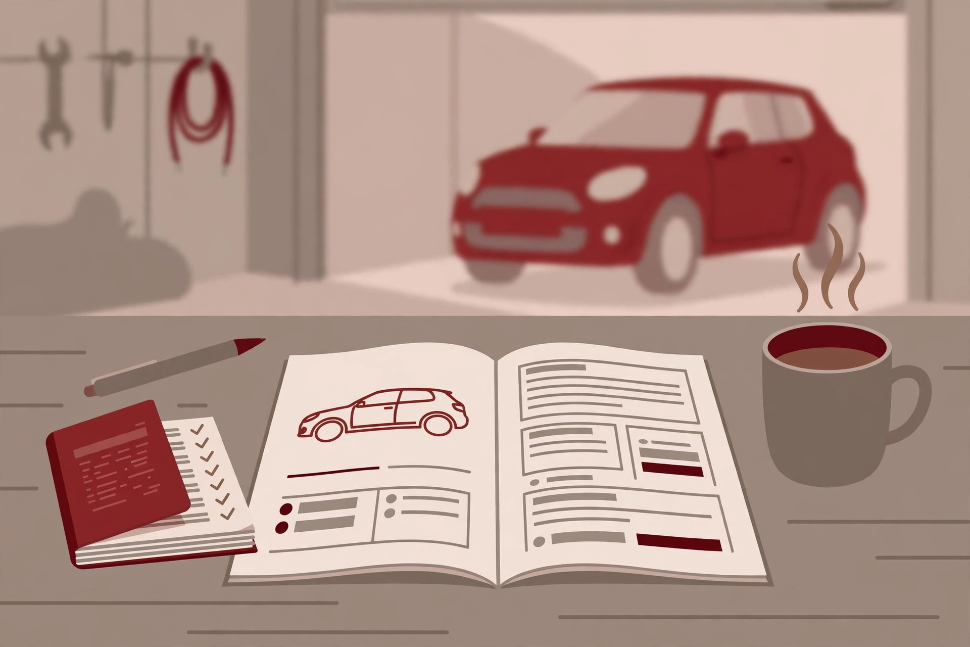 Illustration of an open owner's manual on a workbench beside a pen, a maintenance notebook, and a mug of coffee, with a red SUV behind