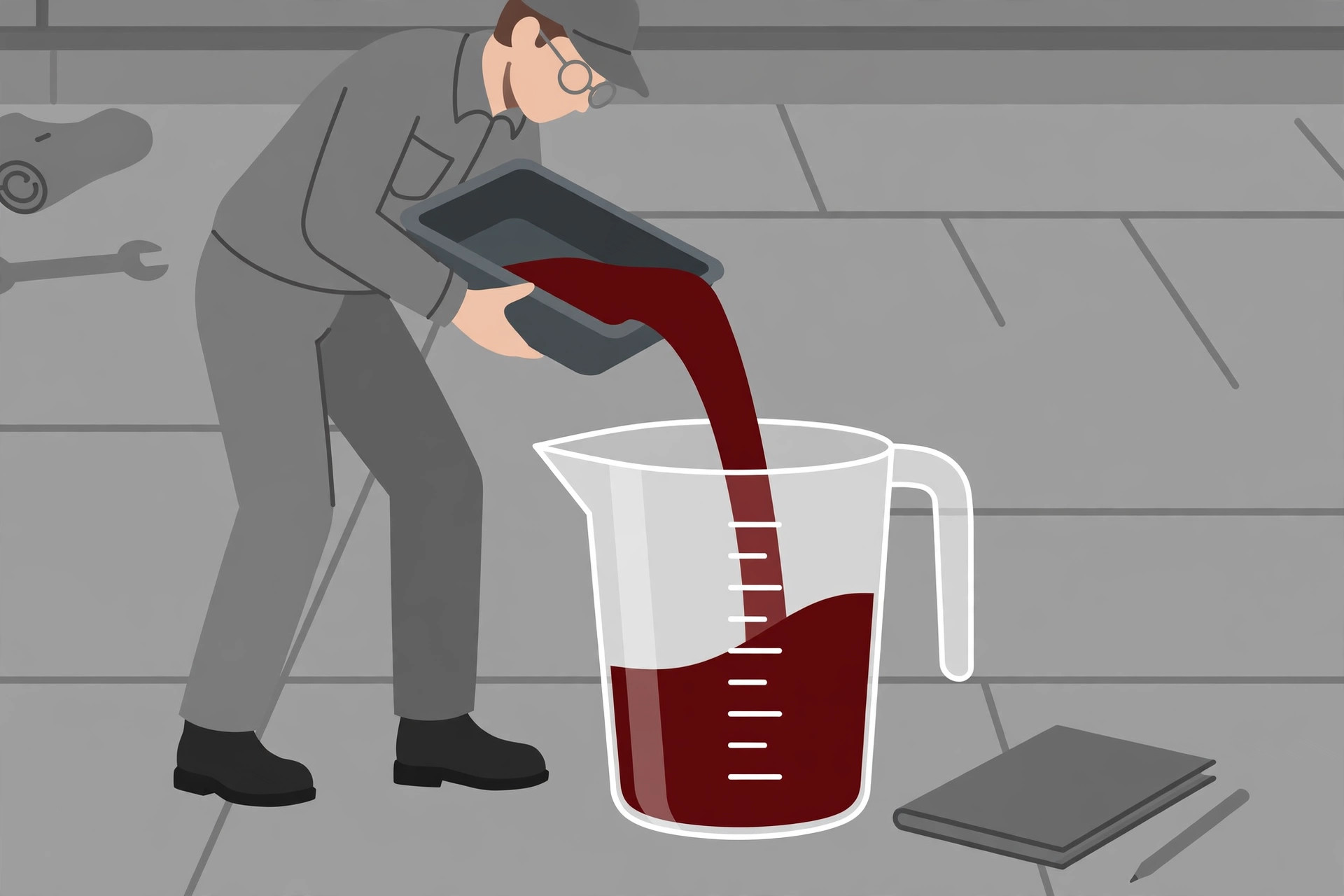 Illustration of drained transmission fluid being poured from a drain pan into a graduated measuring jug, with a notebook beside it