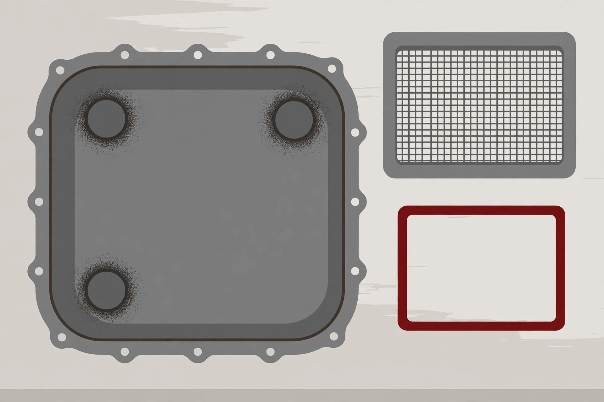 Illustration of an open transmission pan with three magnets, a rectangular mesh oil strainer, and a pan gasket