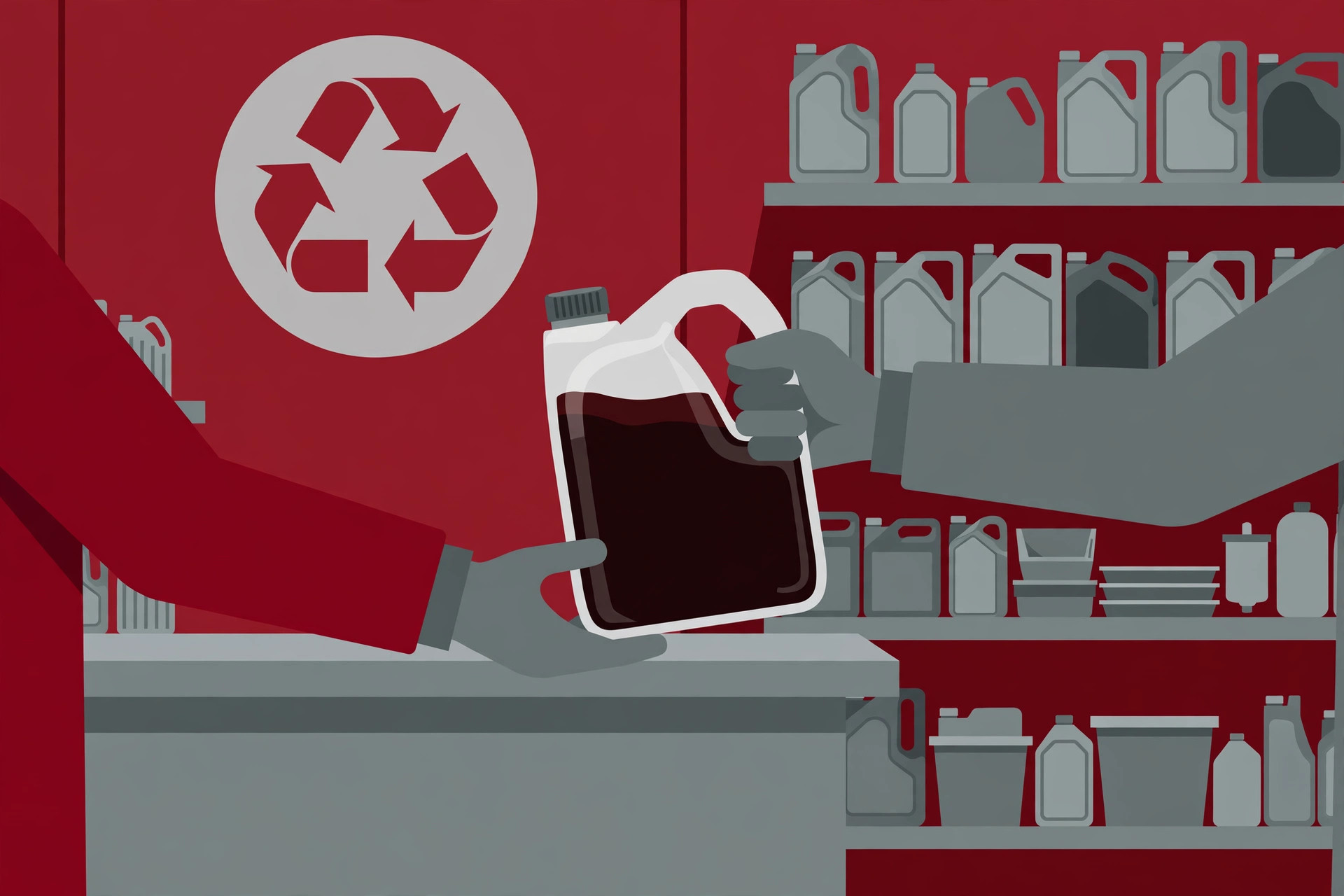 Illustration of a sealed jug of used dark transmission fluid being handed over at an automotive recycling depot counter