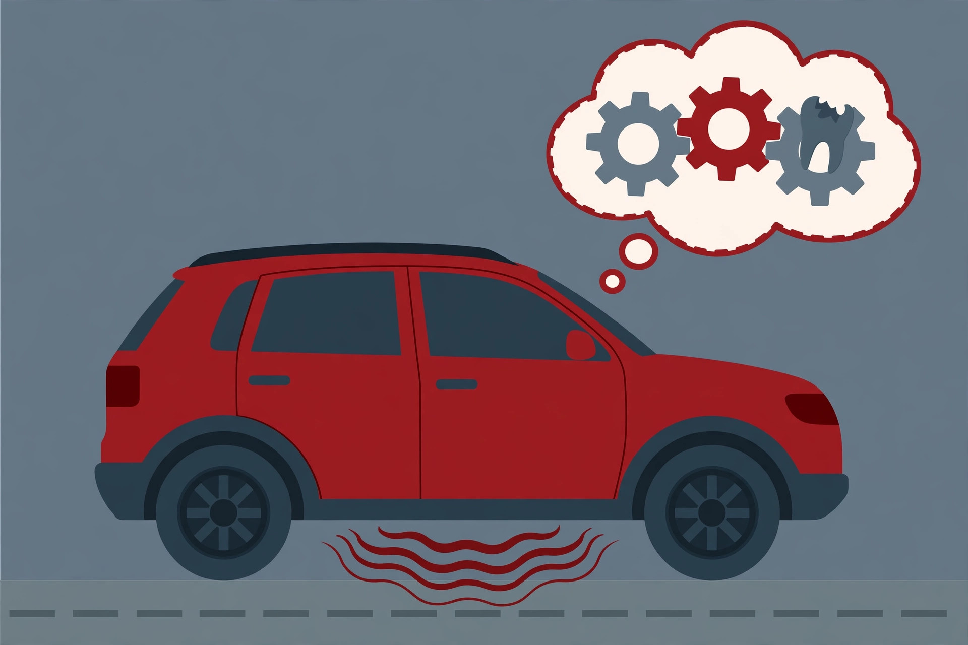 Illustration of a RAV4 with vibration waves around the gearbox and a gear with a chipped tooth
