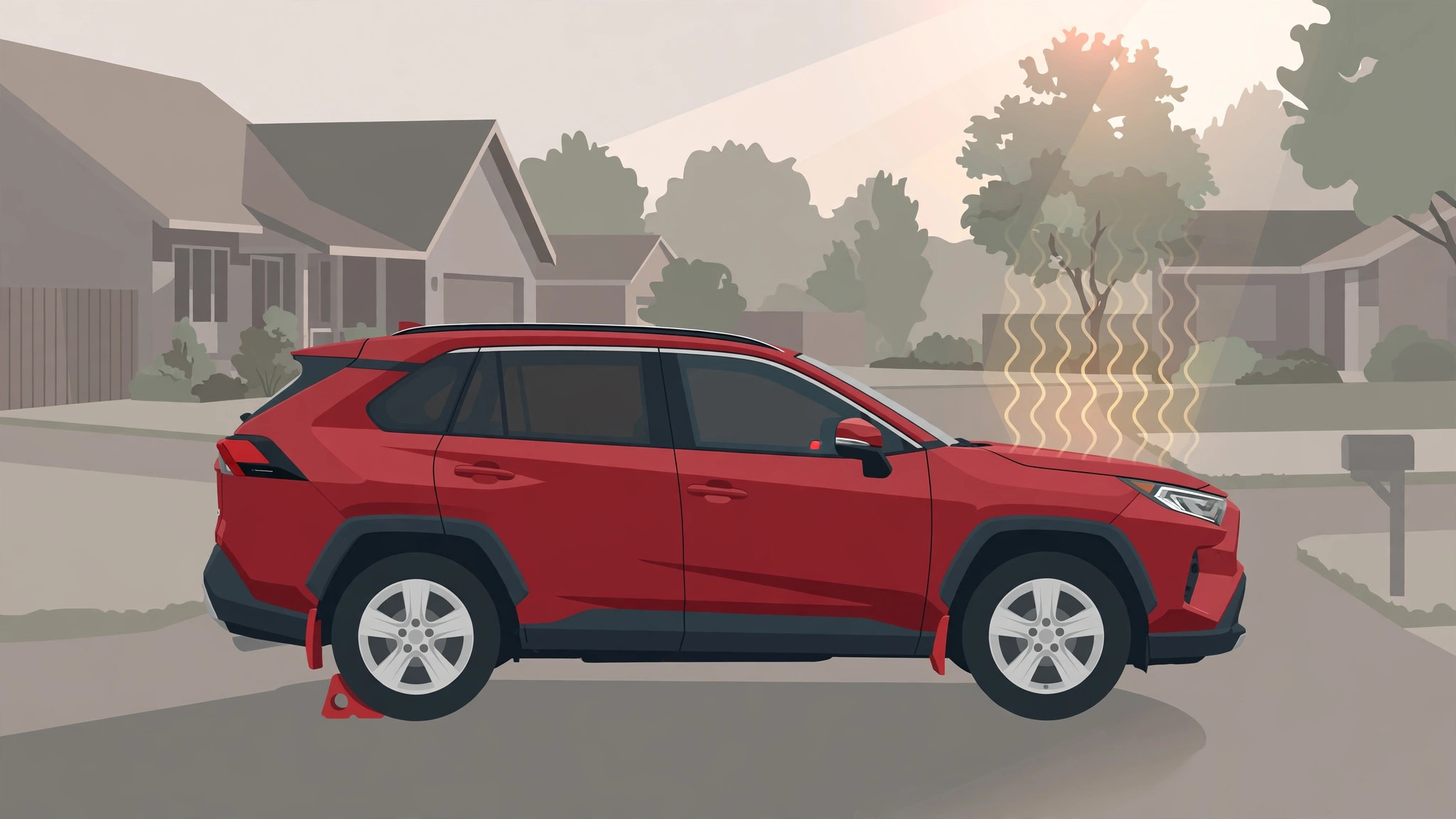 Illustration of a red RAV4 parked on a level driveway after a warm-up drive, heat shimmer rising from the hood and a wheel chock behind the rear wheel