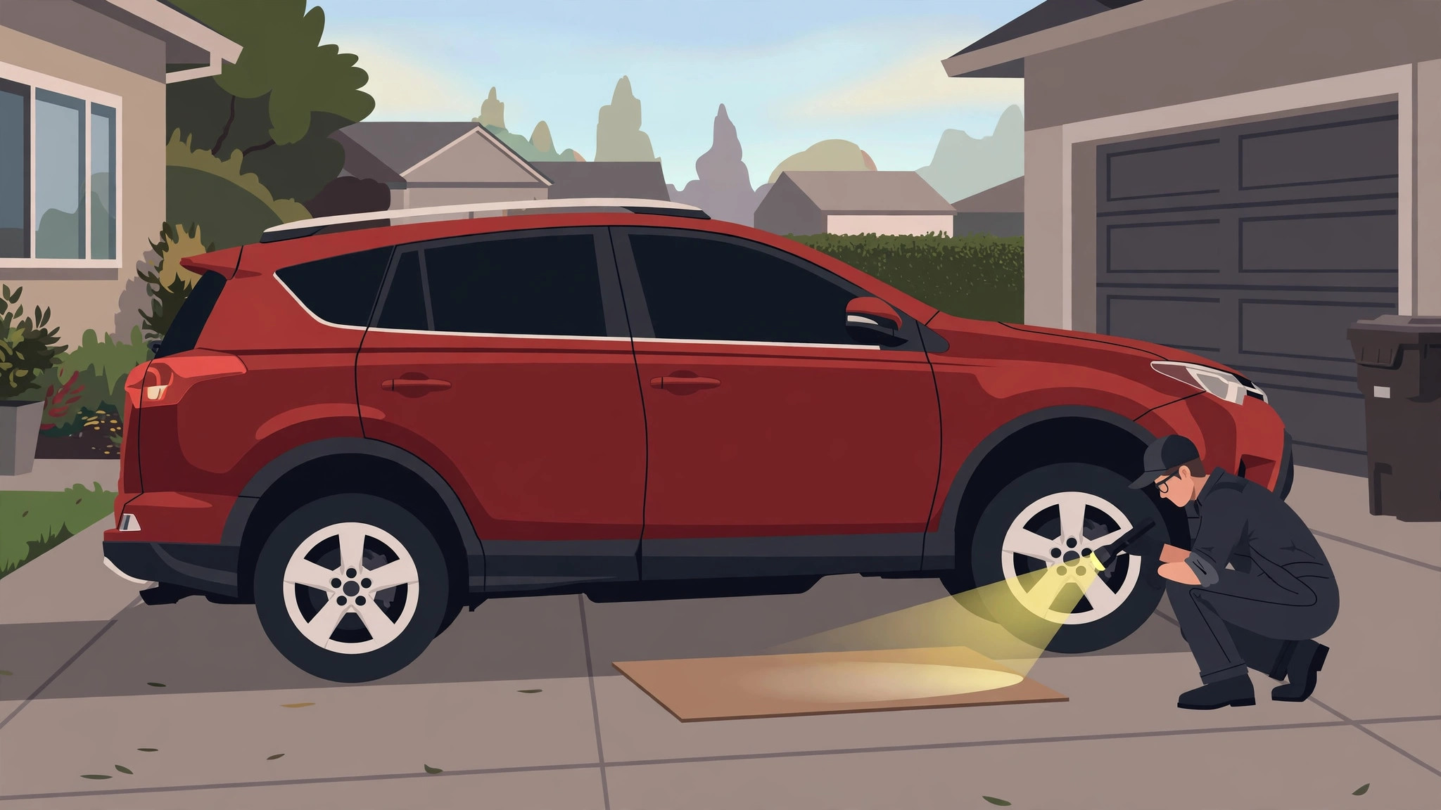 Illustration of the RAV4 back on all four wheels on a driveway while a person checks underneath with a flashlight for leaks, a clean dry sheet of cardboard under the transmission