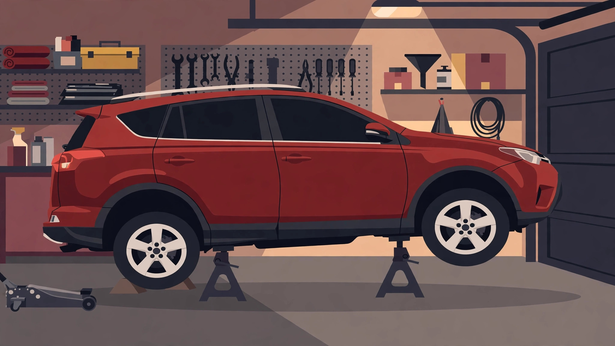 Illustration of a red RAV4 with its front end raised and supported on two jack stands in a garage, the floor jack rolled aside and not touching the vehicle