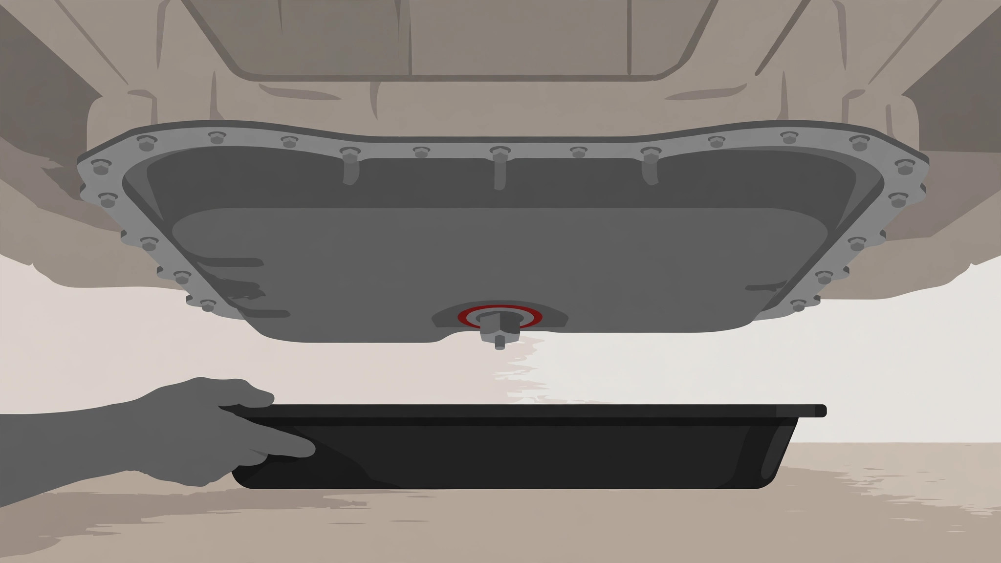 Illustration of the underside of the transmission pan: bolts around the pan flange and the single drain plug in the bottom of the pan highlighted with a red ring, with a drain pan being positioned underneath