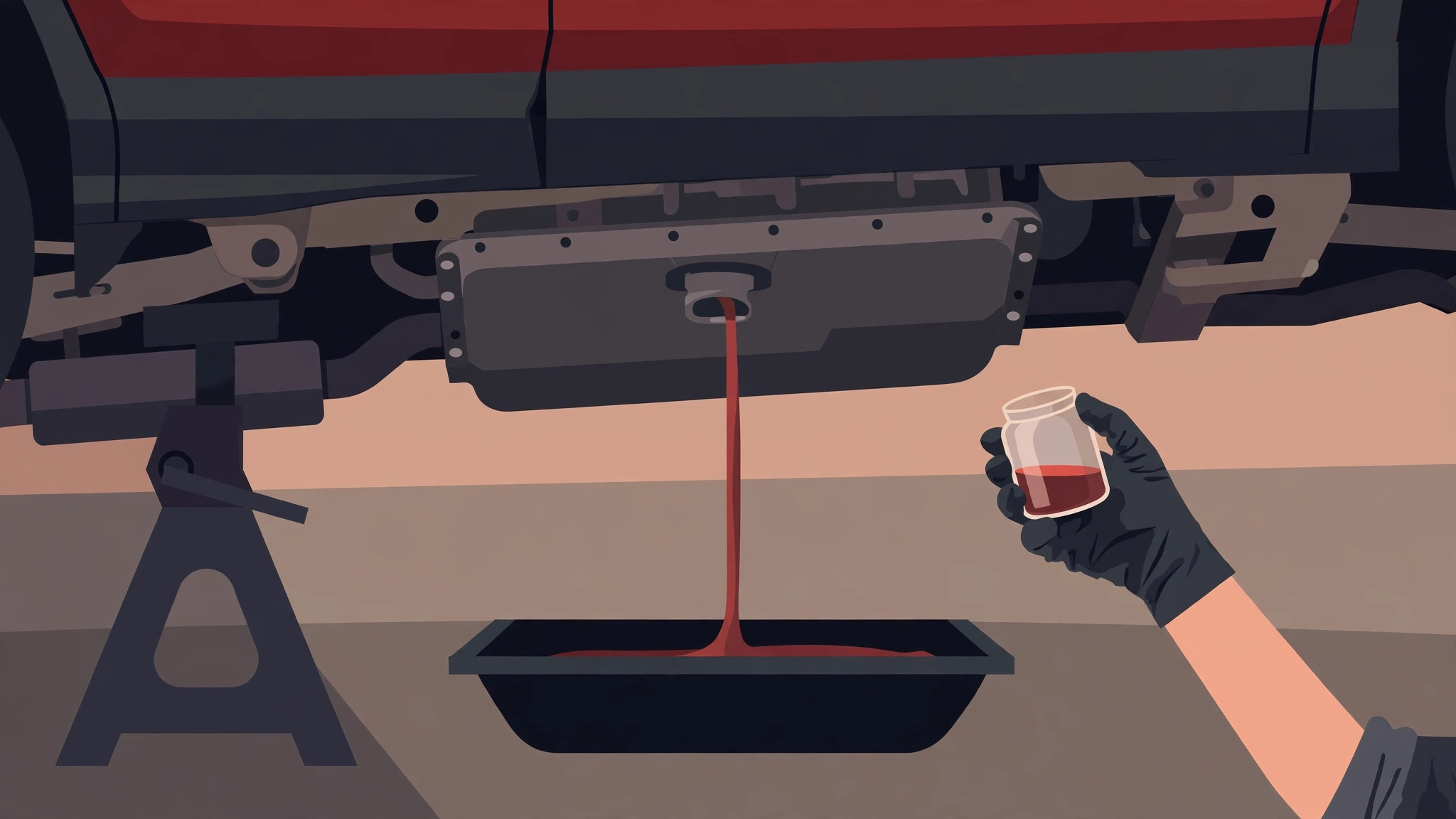 Illustration of dark red transmission fluid draining from the open drain plug into a drain pan, the vehicle supported on a jack stand, and a gloved hand holding a sample jar of the drained fluid