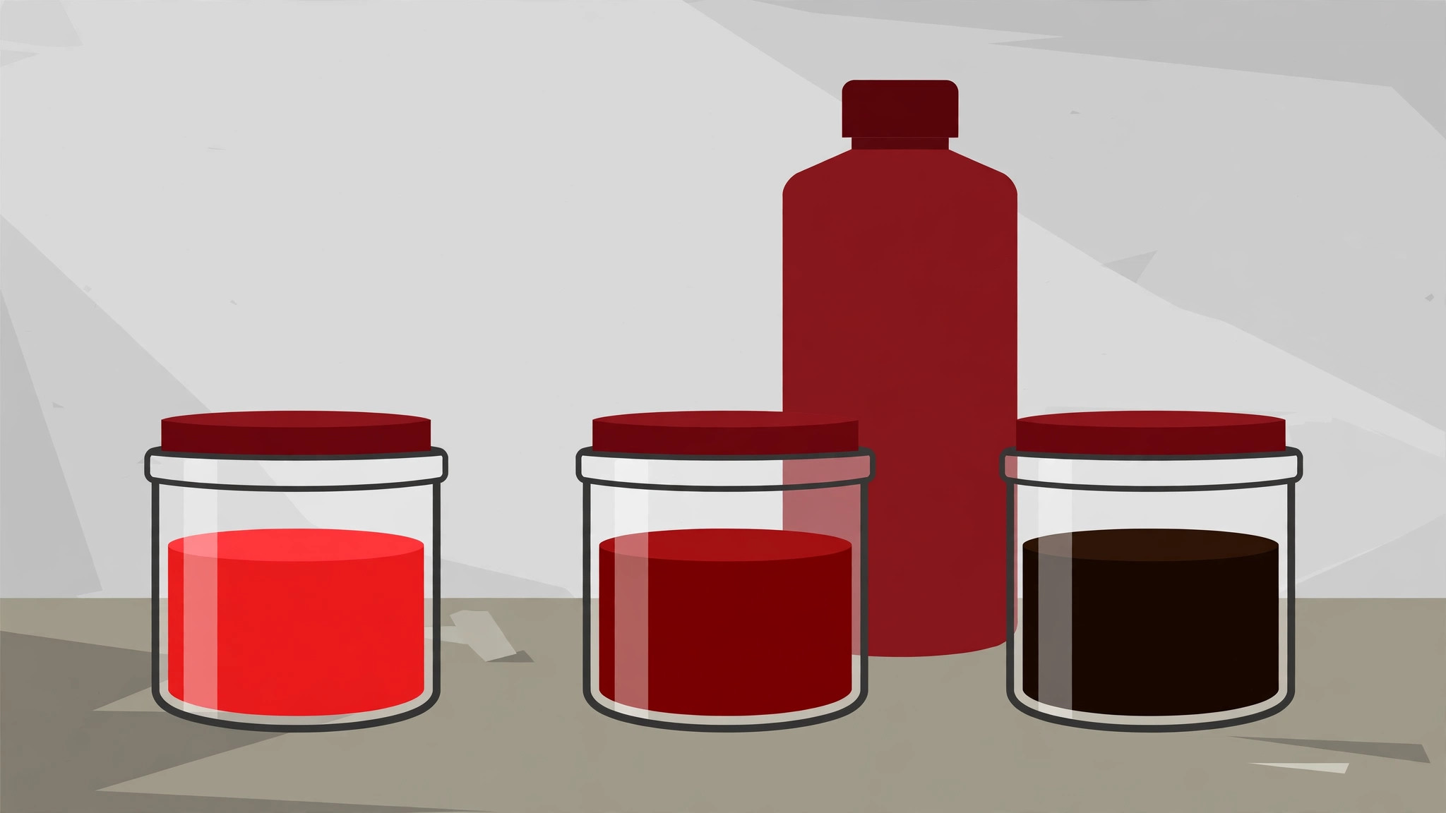 Illustration of three sample jars of transmission fluid showing the colour range: bright translucent red fresh fluid, dark red healthy used fluid, and near-black worn-out fluid, with a bottle of fresh fluid behind