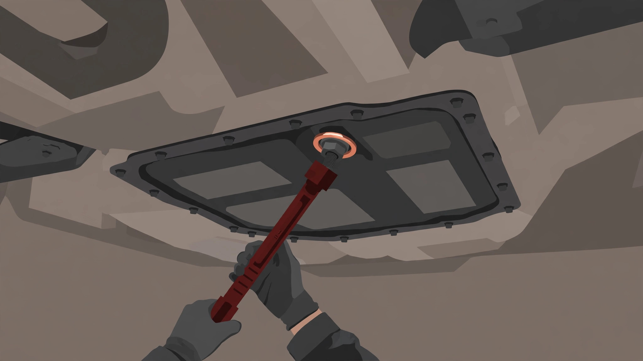 Illustration of a torque wrench tightening the transmission drain plug, with the new copper-coloured gasket visible as a bright ring around the plug