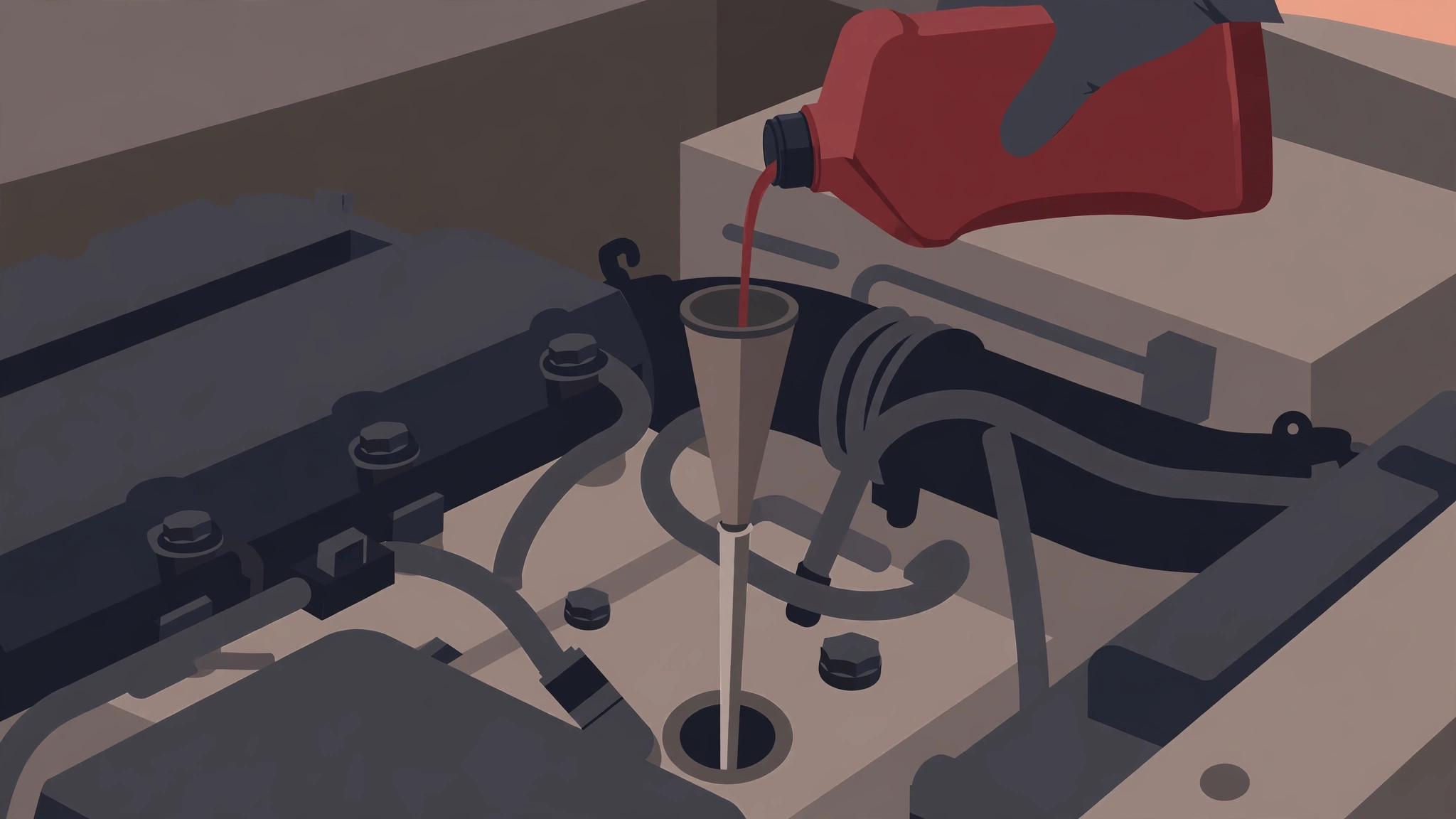 Illustration of fresh red transmission fluid being poured from a bottle into a long funnel seated in the transmission dipstick tube in the engine bay