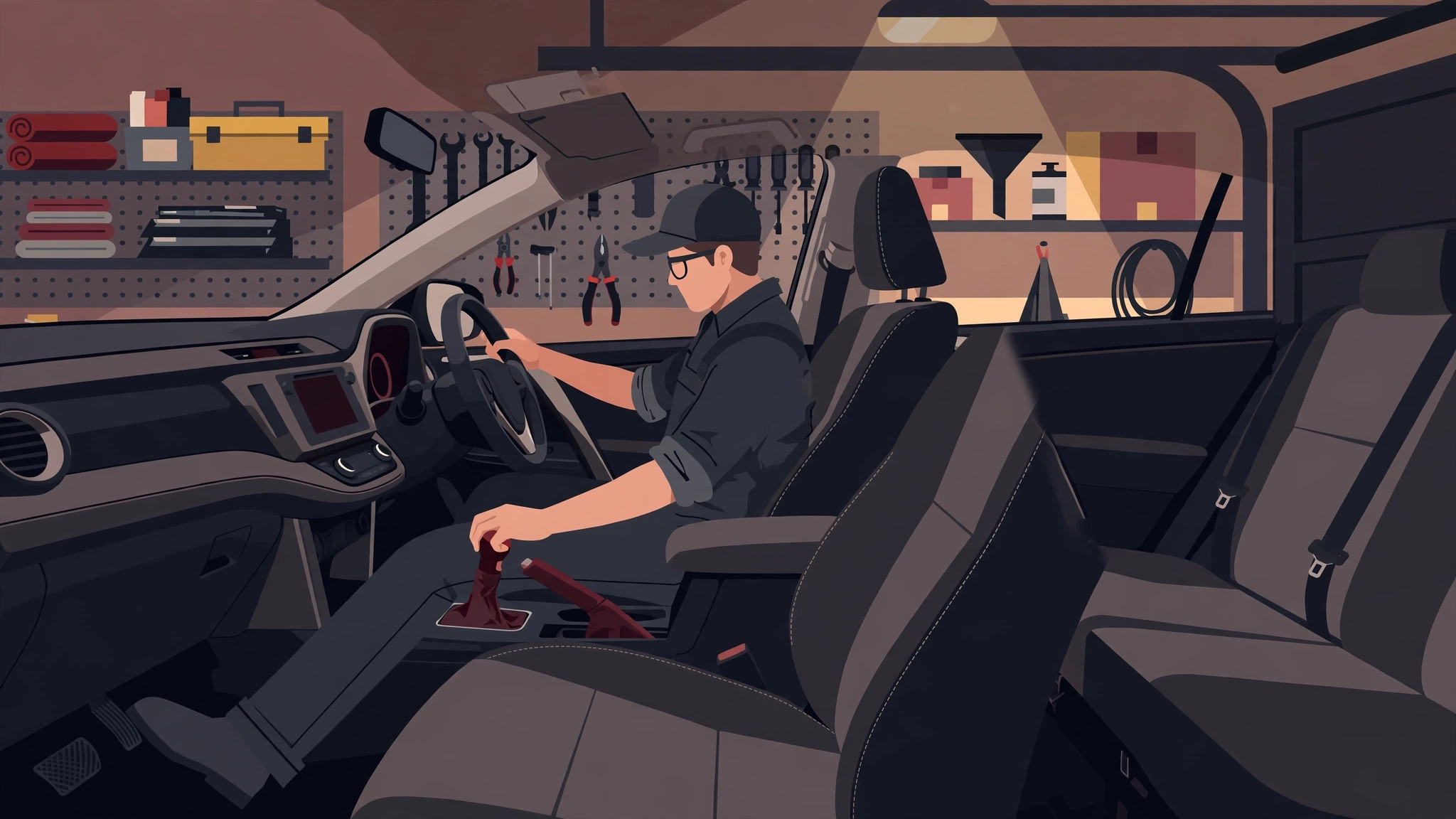 Illustration of a driver seated in the RAV4 with one hand on the gear selector, moving it through the ranges with a foot on the brake to circulate the new fluid