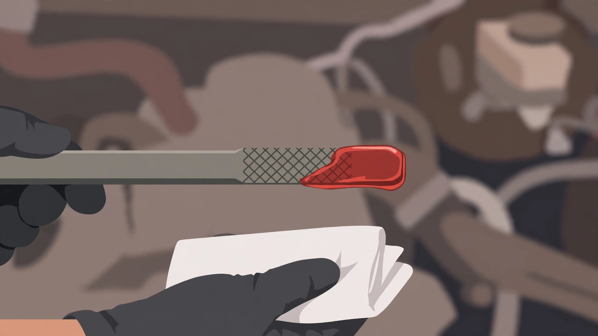 Illustration of a transmission dipstick held horizontally to be read: the cross-hatched HOT range zone near the tip coated with red fluid, and a clean lint-free cloth in the other hand