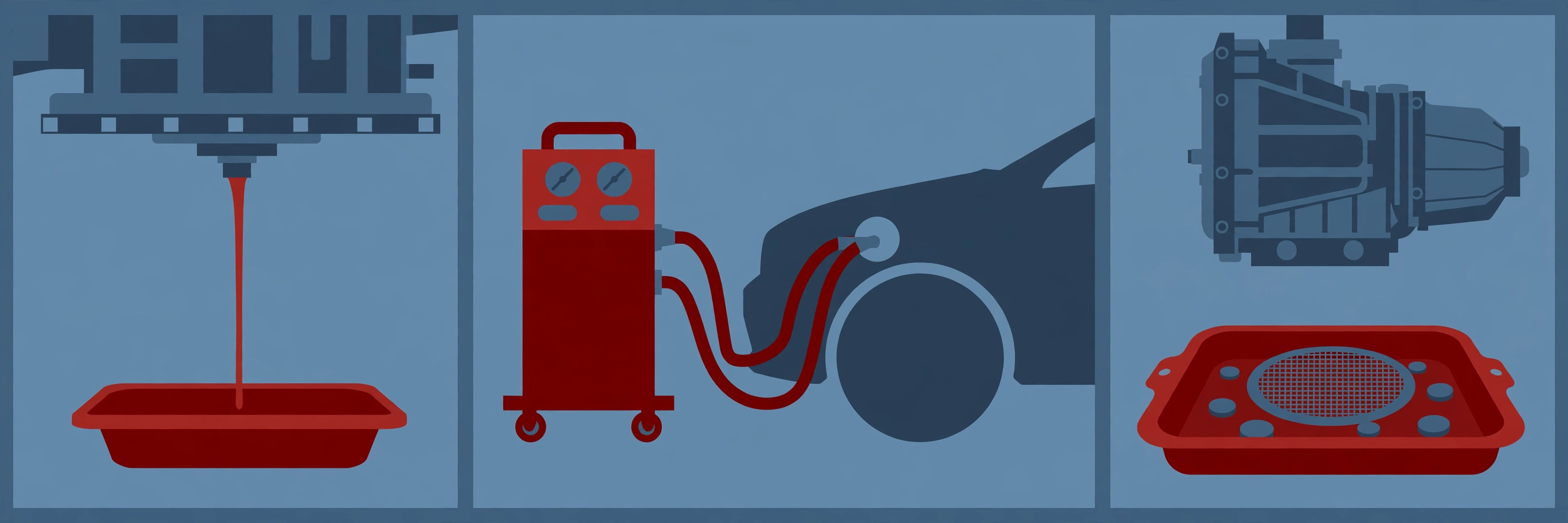 Illustration in three panels: a drain pan, a fluid-exchange machine, and an open transmission pan
