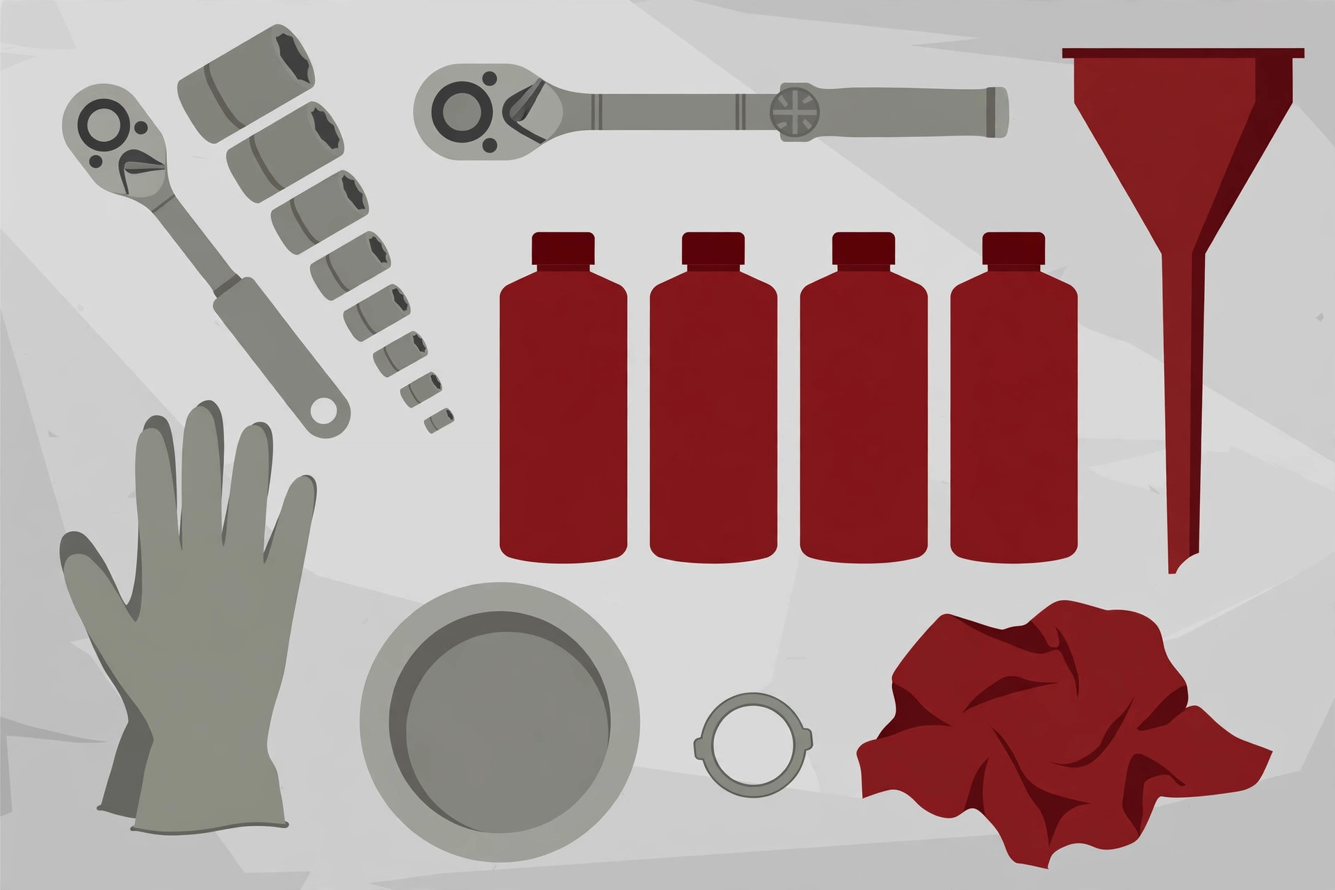 Illustration of a flat lay of transmission service tools: ratchet and sockets, torque wrench, long funnel, red fluid bottles, a drain-plug gasket, gloves, and a drain pan