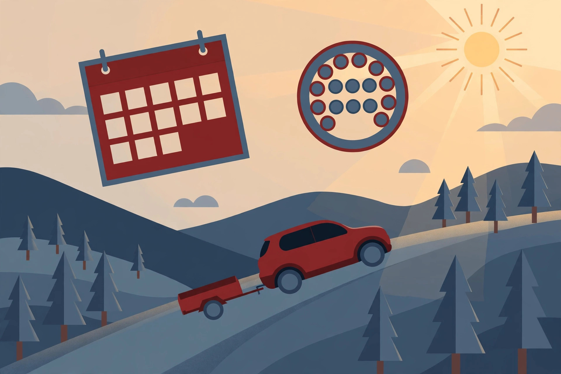 Illustration of a RAV4 towing a small trailer on a mountain road beneath a calendar